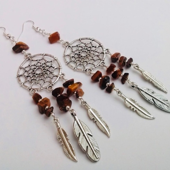 Bohemian dream catcher tigers eye dangle earrings - Picture 1 of 5